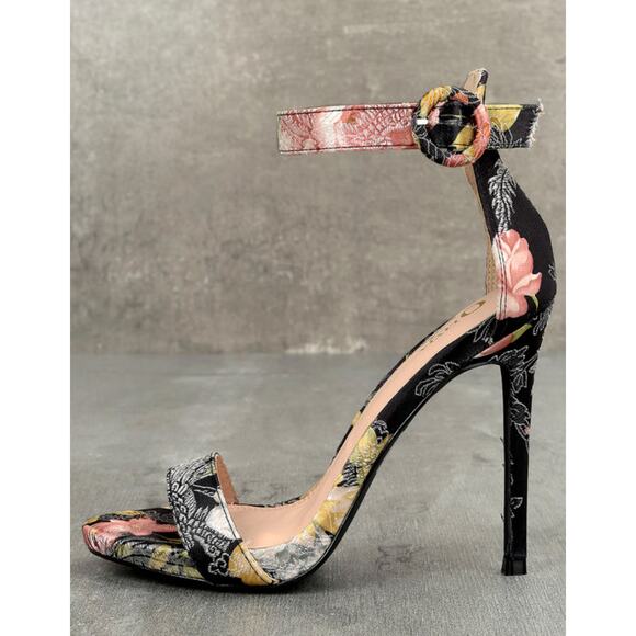 Olivia Ferguson Monica Black Floral Embroidered Satin Ankle Strap Open Toe , 10 - Picture 2 of 10